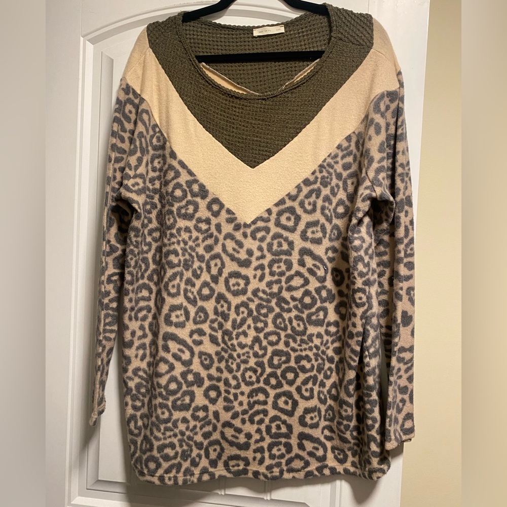 Reborn J Cheetah print, cream, green color block sweater
